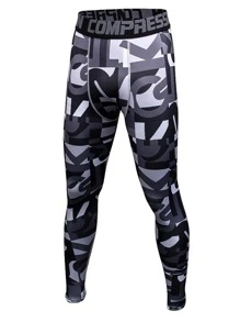 Men Geo Print Contrast Letter Tape Sports Tights - Black and White - View 1
