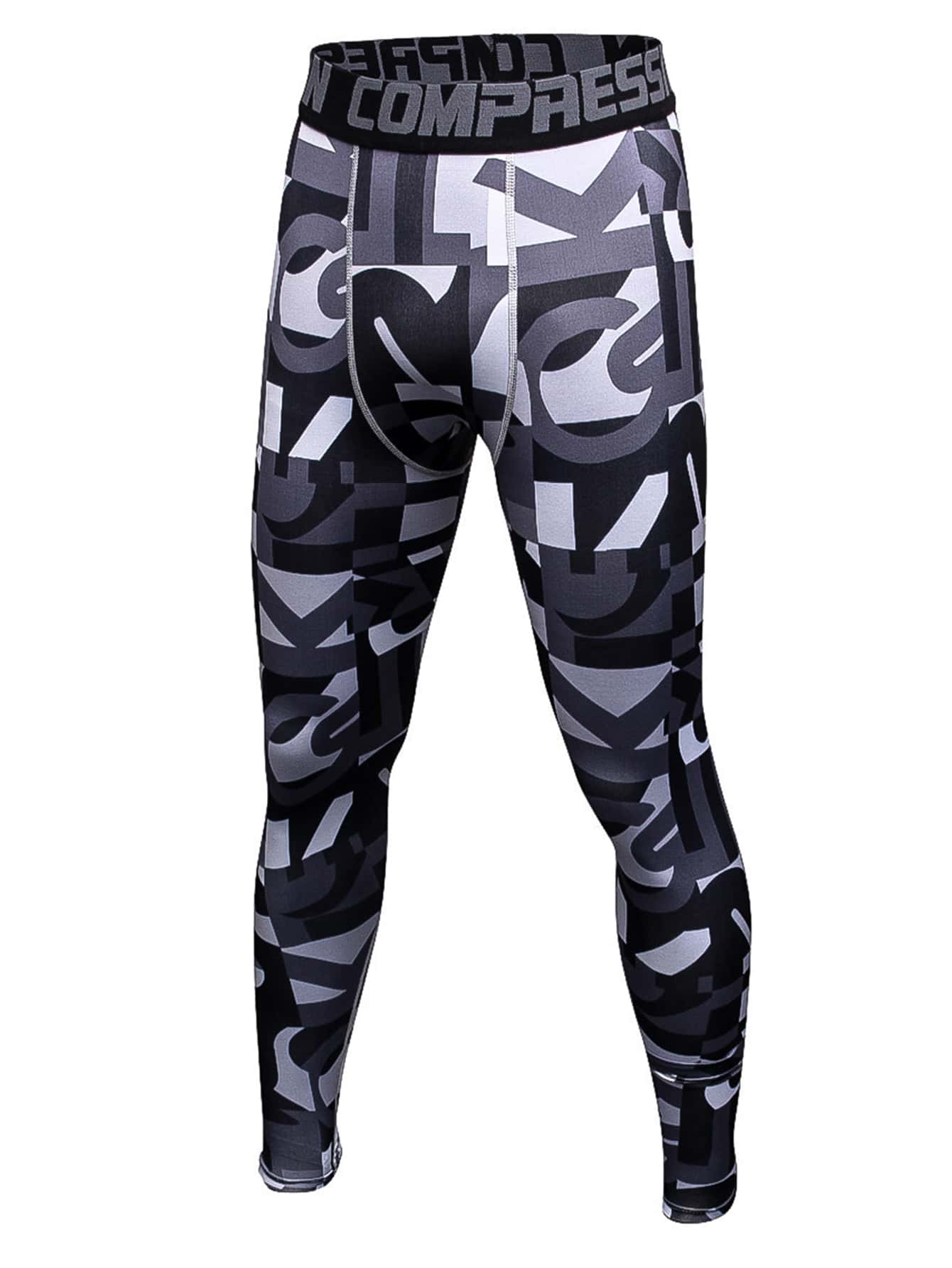 Men Geo Print Contrast Letter Tape Sports Tights - Black and White - View 1