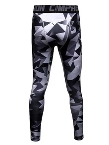 Men Geo Print Contrast Letter Tape Sports Tights - Black and White - View 2