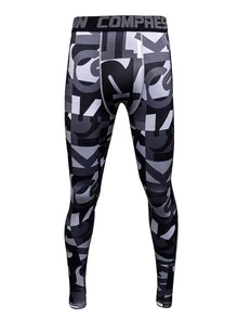 Men Geo Print Contrast Letter Tape Sports Tights - Black and White - View 3