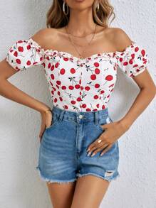 SHEIN Frenchy Off Shoulder Frill Trim Cherry Print Top - Multicolor - View 3