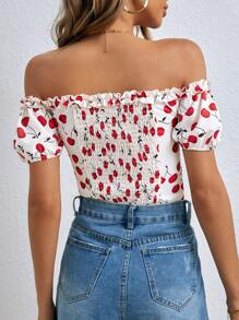 SHEIN Frenchy Off Shoulder Frill Trim Cherry Print Top - Multicolor - View 2