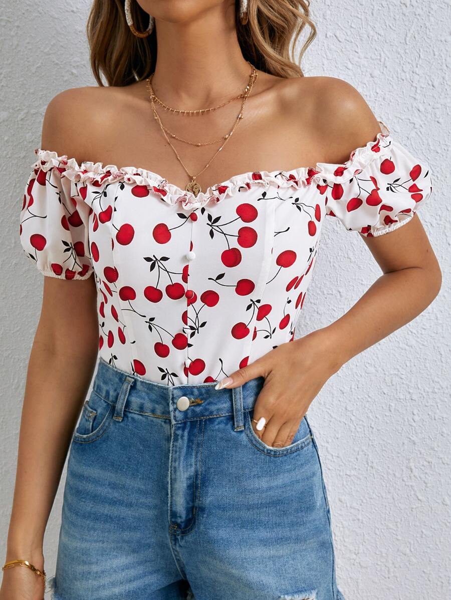 SHEIN Frenchy Off Shoulder Frill Trim Cherry Print Top - Multicolor - View 1