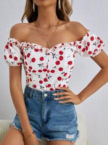SHEIN Frenchy Off Shoulder Frill Trim Cherry Print Top - Multicolor - View 5