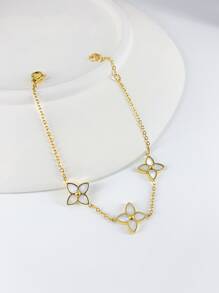 1pc Rhombus Clover Shell Stainless Steel Bracelet, Gold Fashionable, Suitable For Women Everyday Wear, Gift