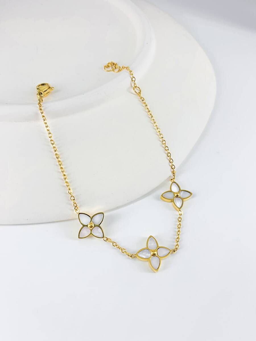 1pc Rhombus Clover Shell Stainless Steel Bracelet, Gold Fashionable, Suitable For Women Everyday Wear, Gift