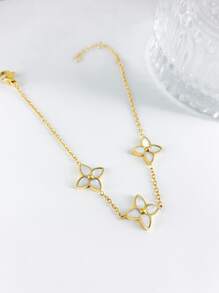 1pc Rhombus Clover Shell Stainless Steel Bracelet, Gold Fashionable, Suitable For Women Everyday Wear, Gift