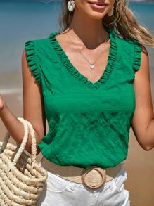 SHEIN Frenchy Solid Frill Trim Sleeveless Blouse Summer Green Green Casual Christmas - Green - View 3