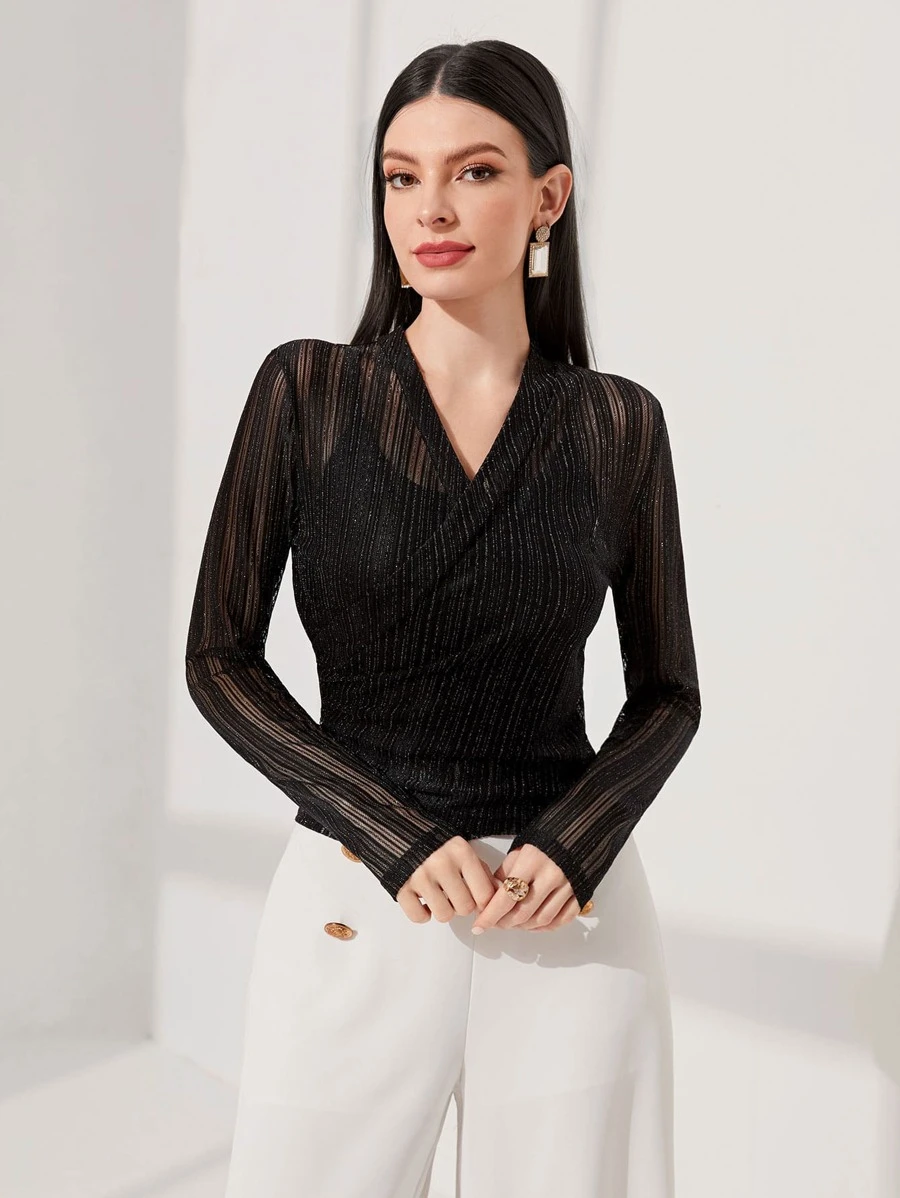 Modelyn Top de cuello cruzado de malla sin top de tirantes - Negro - Ver 1