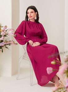 Modelyn Shirred Cuff Mock Neck Lantern Sleeve Dress - Hot Pink - View 1