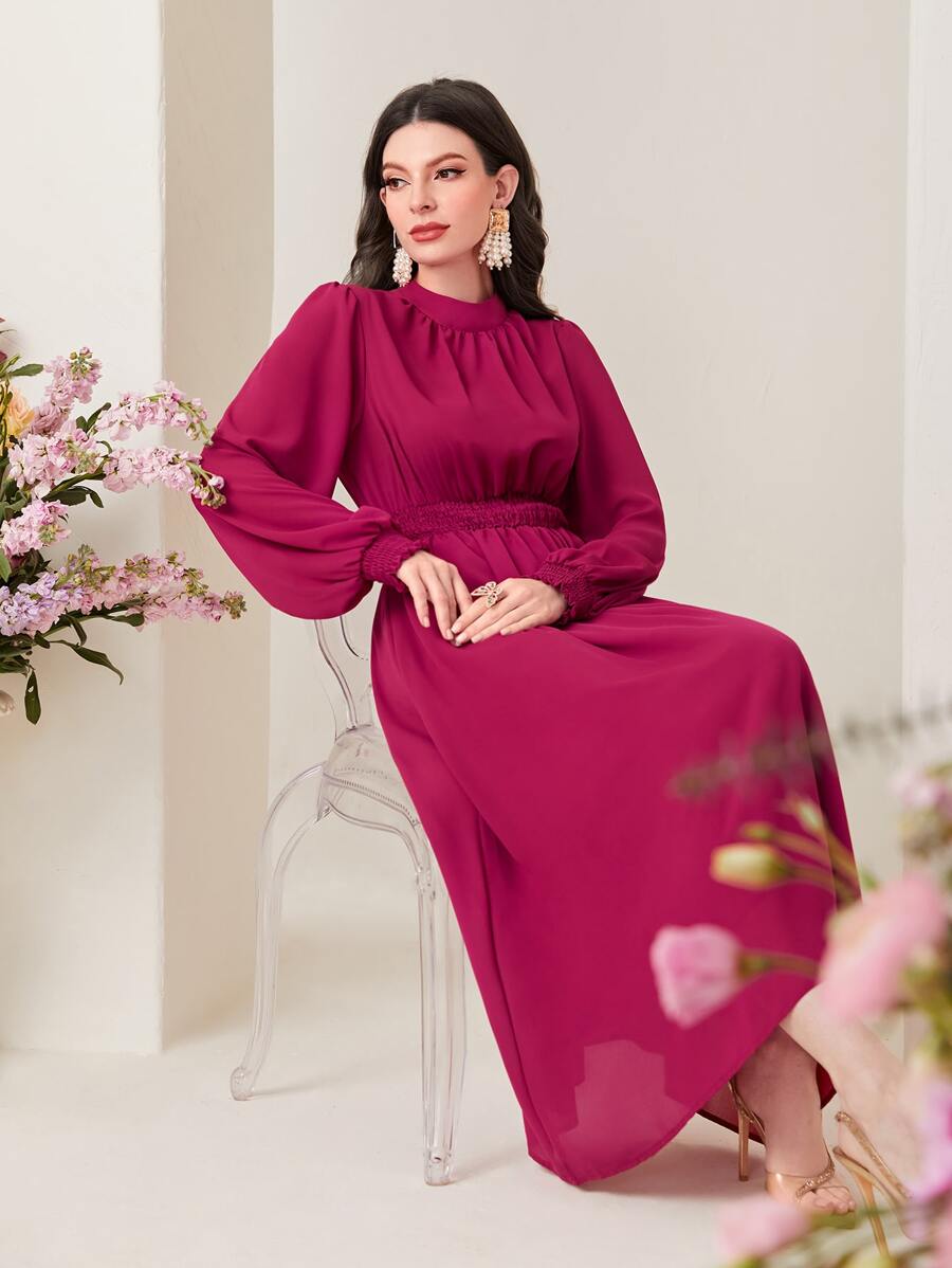 Modelyn Shirred Cuff Mock Neck Lantern Sleeve Dress - Hot Pink - View 1