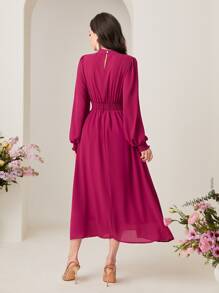 Modelyn Shirred Cuff Mock Neck Lantern Sleeve Dress - Hot Pink - View 2