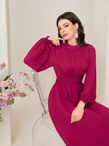 Modelyn Shirred Cuff Mock Neck Lantern Sleeve Dress - Hot Pink - View 3