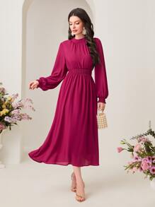 Modelyn Shirred Cuff Mock Neck Lantern Sleeve Dress - Hot Pink - View 5