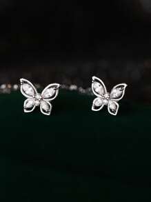 Cubic Zirconia Decor Stud Earrings - Silver - View 2