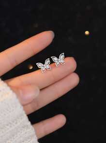 Cubic Zirconia Decor Stud Earrings - Silver - View 4