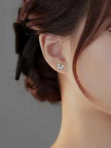 Cubic Zirconia Decor Stud Earrings - Silver - View 5