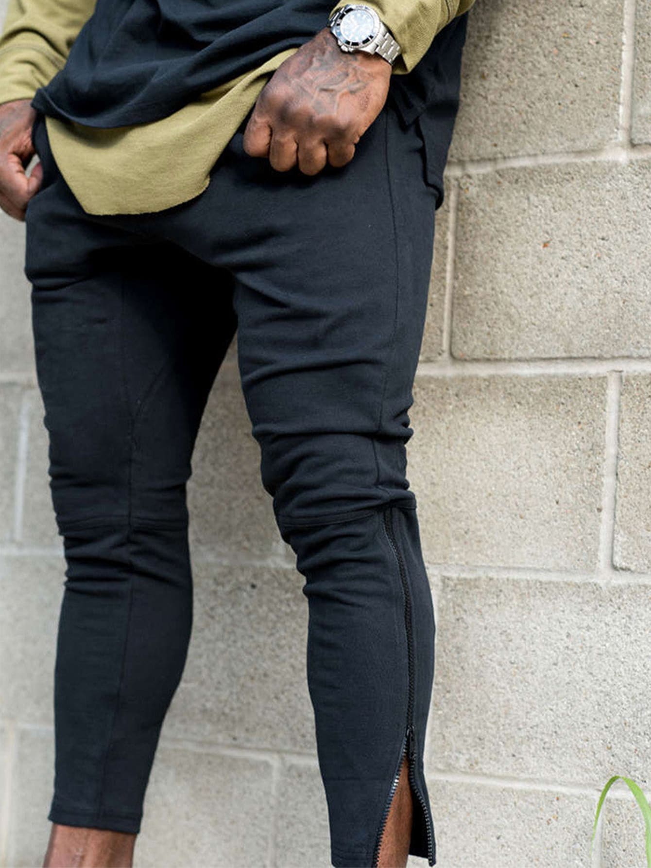 Hombres Pantalones deportivos con cremallera bajo de cintura con cordón - Negro - Ver 1