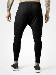 Hombres Pantalones deportivos con cremallera bajo de cintura con cordón - Negro - Ver 2
