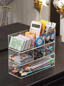 1 Hộp Lưu Trữ Ngăn Kéo Trong Suốt, Hộp Bút Ngăn Kéo Đa Năng Đơn Giản Cho Văn Phòng, Trường Học, Sinh Viên - Trong sáng - Xem 2
