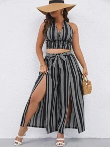 Breezaya 大碼條紋印花掛脖上衣和高衩腰帶長褲 - 黑與白 - 查看 1