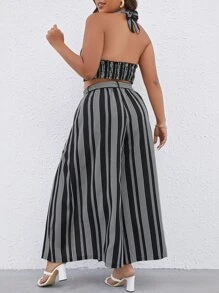 Breezaya 大碼條紋印花掛脖上衣和高衩腰帶長褲 - 黑與白 - 查看 2
