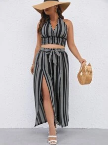 Breezaya 大碼條紋印花掛脖上衣和高衩腰帶長褲 - 黑與白 - 查看 3