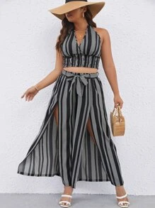 Breezaya 大碼條紋印花掛脖上衣和高衩腰帶長褲 - 黑與白 - 查看 4