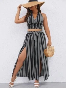 Breezaya 大碼條紋印花掛脖上衣和高衩腰帶長褲 - 黑與白 - 查看 5