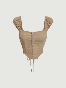 SHEIN MOD 鉤眼扣前手帕下擺襯衫 - 卡其色 - 查看 1