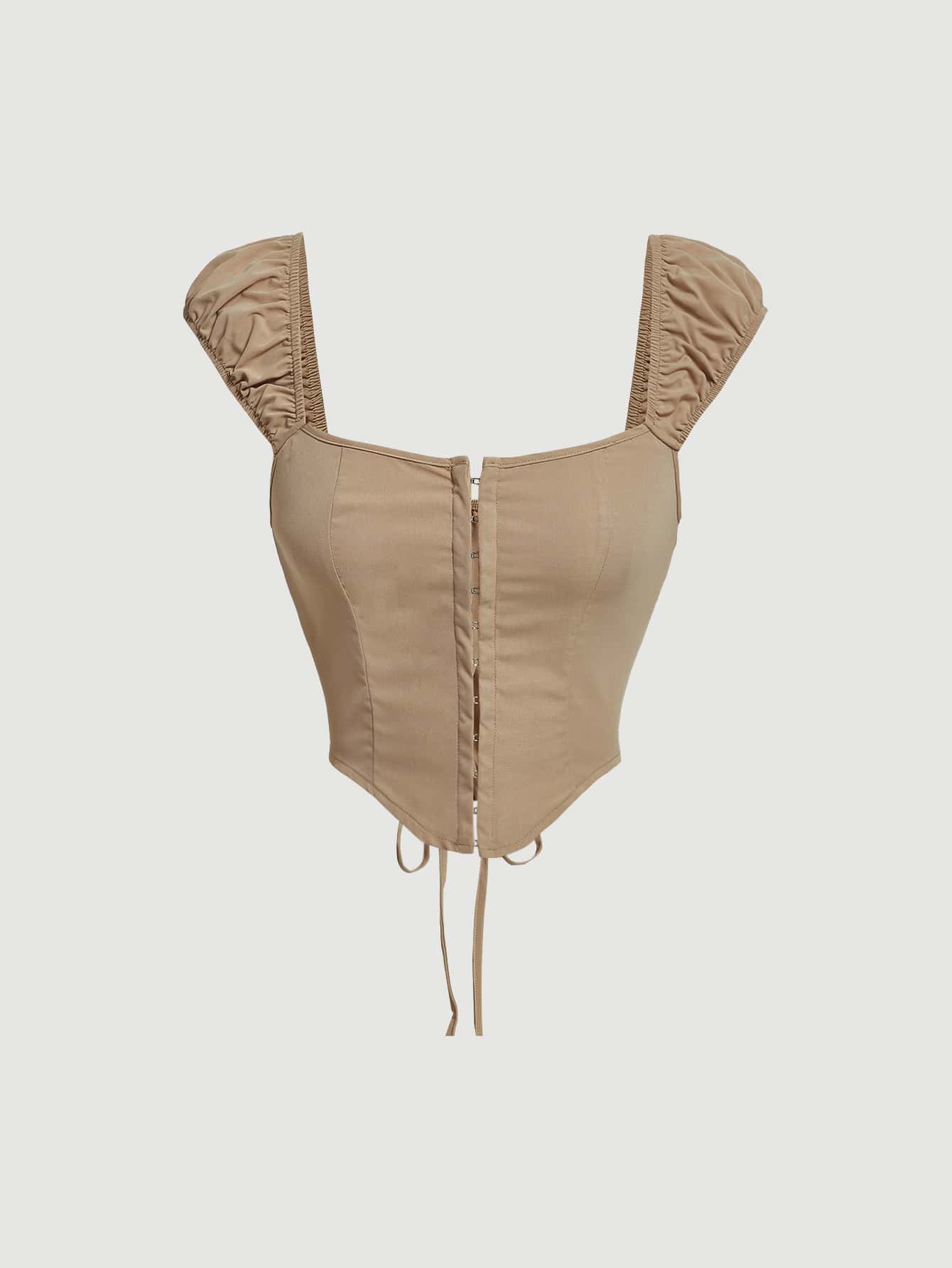 SHEIN MOD 鉤眼扣前手帕下擺襯衫 - 卡其色 - 查看 1