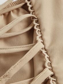 SHEIN MOD 鉤眼扣前手帕下擺襯衫 - 卡其色 - 查看 3