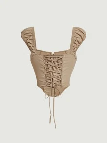 SHEIN MOD 鉤眼扣前手帕下擺襯衫 - 卡其色 - 查看 2