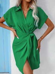 SHEIN Clasi Đầm Thắt nút Trọn gói màu trơn Giải trí - màu xanh lá - Xem 1