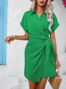 SHEIN Clasi Đầm Thắt nút Trọn gói màu trơn Giải trí - màu xanh lá - Xem 6
