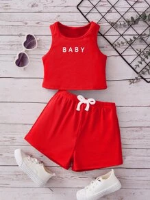 SHEIN Camisa Sin Mangas Con Gráficos De Letras Para Bebé Niña Y Shorts Con Lazo En La Parte Delantera