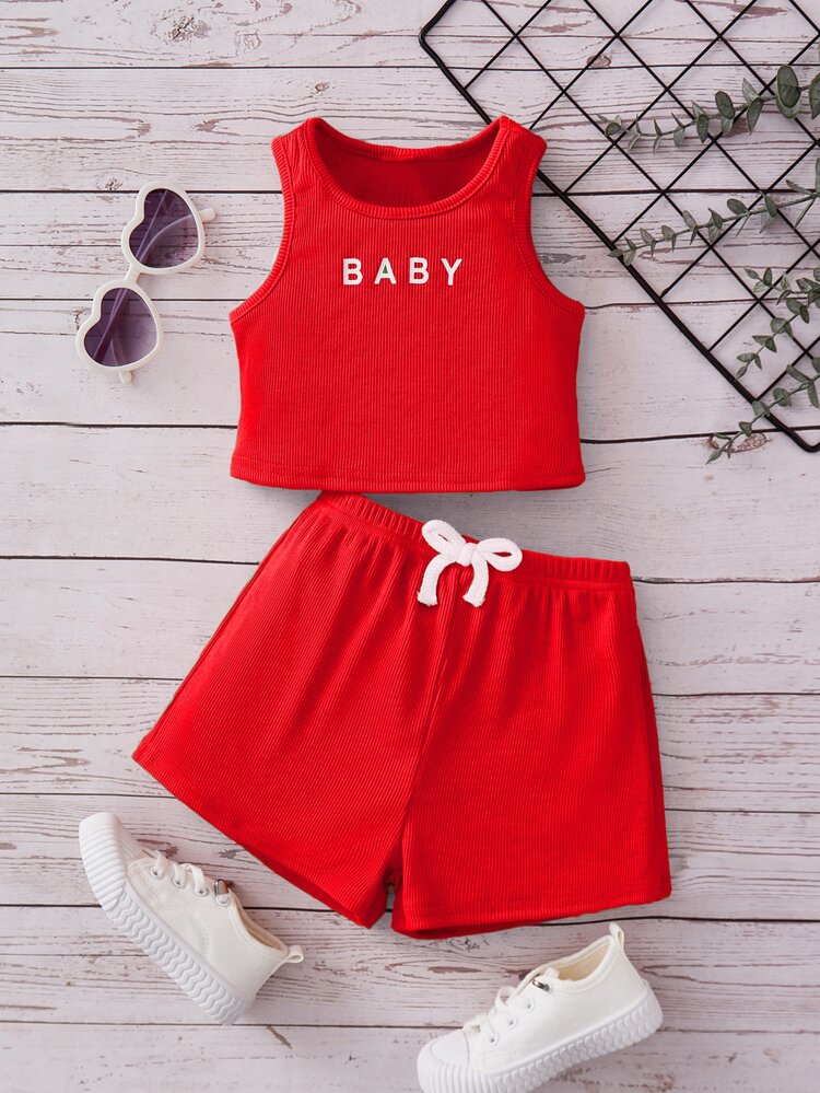 Baby Girl Letter Graphic Tank Top & Bow Front Shorts