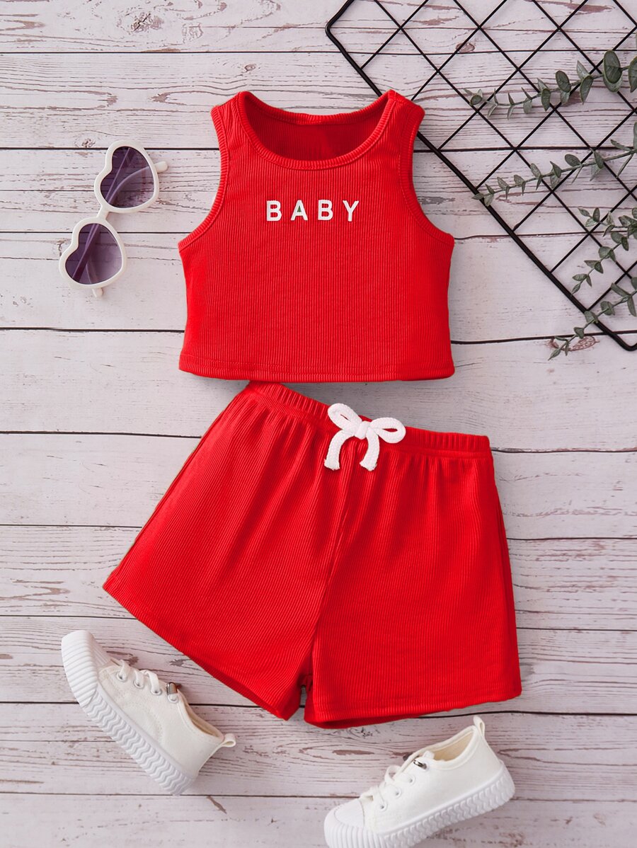 SHEIN Camisa Sin Mangas Con Gráficos De Letras Para Bebé Niña Y Shorts Con Lazo En La Parte Delantera