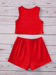 SHEIN Camisa Sin Mangas Con Gráficos De Letras Para Bebé Niña Y Shorts Con Lazo En La Parte Delantera