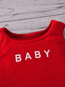 SHEIN Camisa Sin Mangas Con Gráficos De Letras Para Bebé Niña Y Shorts Con Lazo En La Parte Delantera