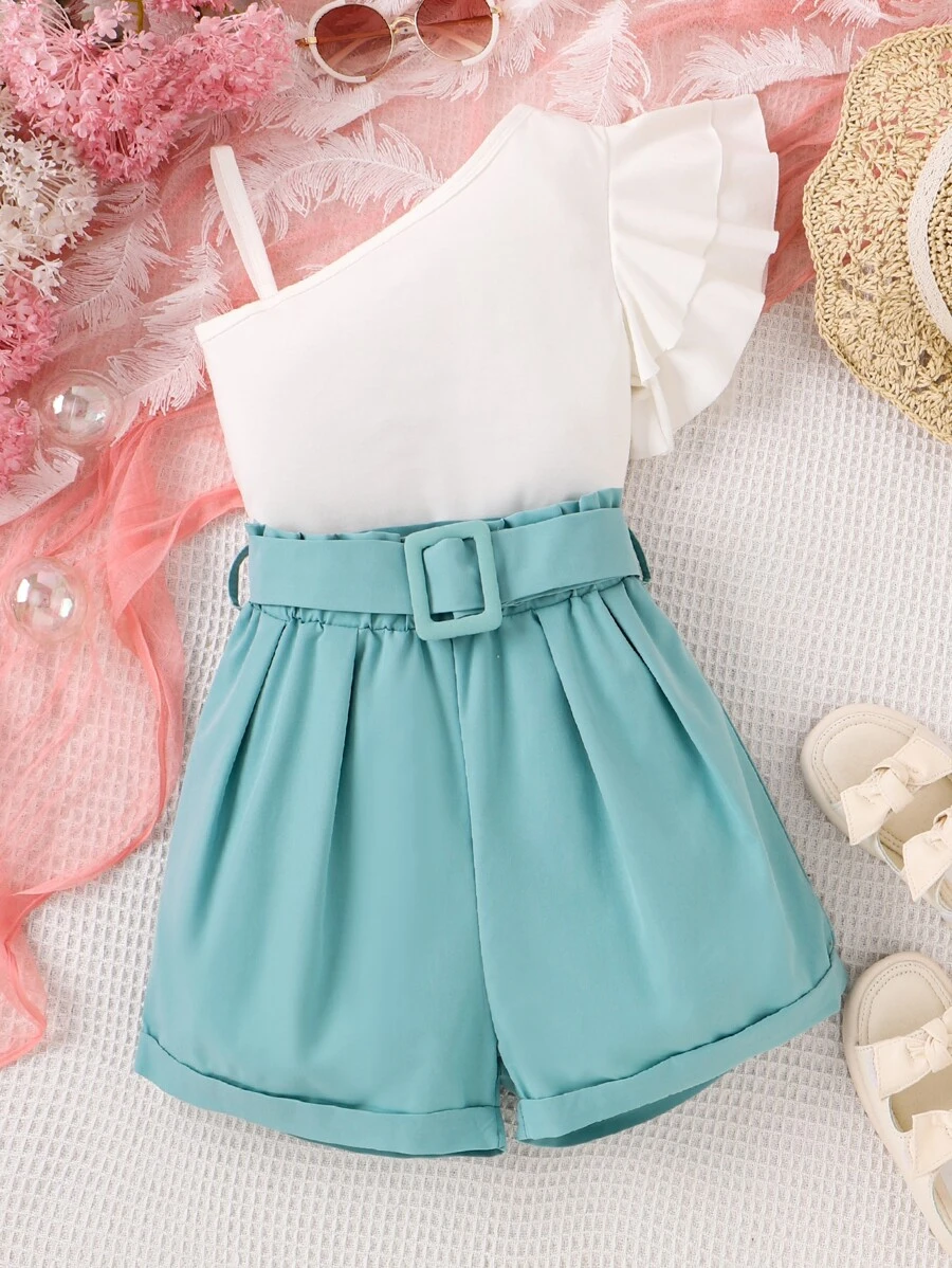 Tween Girl Asymmetrical Neck Ruffle Trim Top & Paperbag Waist Roll Up Hem Belted Shorts - Blue and White - View 1