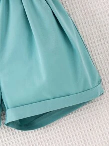 Tween Girl Asymmetrical Neck Ruffle Trim Top & Paperbag Waist Roll Up Hem Belted Shorts - Blue and White - View 3