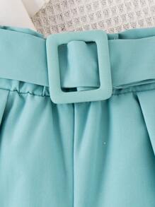 Tween Girl Asymmetrical Neck Ruffle Trim Top & Paperbag Waist Roll Up Hem Belted Shorts - Blue and White - View 4