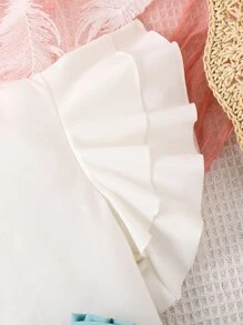 Tween Girl Asymmetrical Neck Ruffle Trim Top & Paperbag Waist Roll Up Hem Belted Shorts - Blue and White - View 5