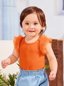 SHEIN Leap Crew Baby Girl Contrast Mesh Ruffle Trim Tee - Orange - View 1