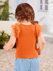 SHEIN Leap Crew Baby Girl Contrast Mesh Ruffle Trim Tee - Orange - View 2