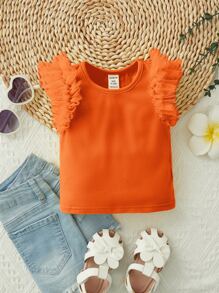SHEIN Leap Crew Baby Girl Contrast Mesh Ruffle Trim Tee - Orange - View 3