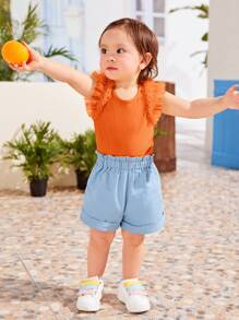 SHEIN Leap Crew Baby Girl Contrast Mesh Ruffle Trim Tee - Orange - View 4