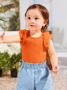 SHEIN Leap Crew Baby Girl Contrast Mesh Ruffle Trim Tee - Orange - View 5
