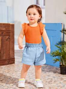 SHEIN Leap Crew Baby Girl Contrast Mesh Ruffle Trim Tee - Orange - View 6